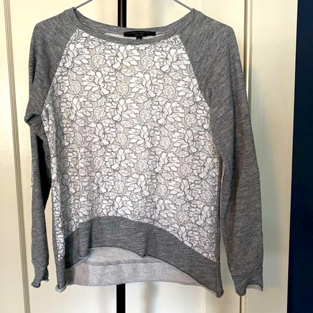 4 for $20 SALE! Generation Love Lace Front Hi Lo Sweatshirt, Grey/Cream, Size XS